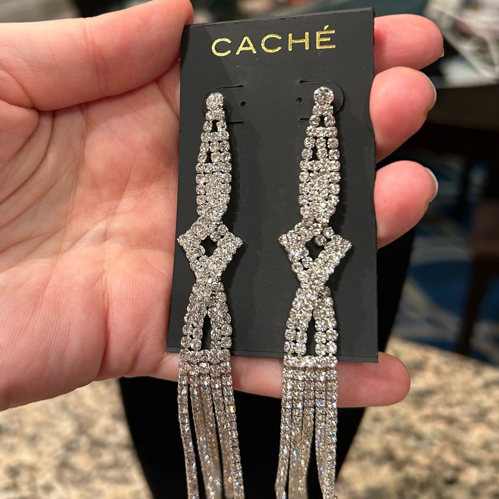 NWT Cache Women’s Long Dangle Crystal Glam Dress Tiered Waterfall Earrings $48! - Picture 2 of 7
